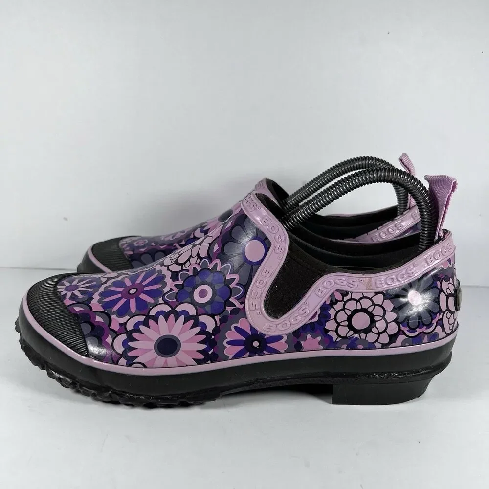 Bogs Rue Ambrosia Pink Purple Floral Rubber Slip On Rain Boots Shoes Women's 8